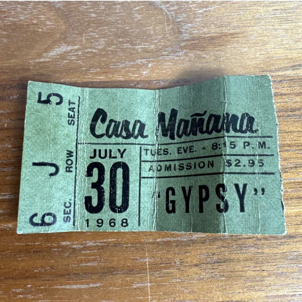 Fort Worth Casa Manana Theater Gypsy Ticket Stub 1968 DFW Texas Ephemera